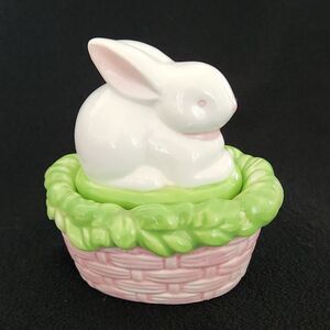 VNTG Depot 56 Ceramic Easter Bunny On Basket Nest Trinket Dish
